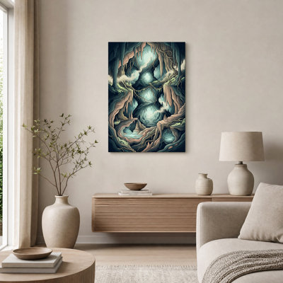 Tableau sur toile représentant une grotte lumineuse turquoise et brune aux racines entrelacées