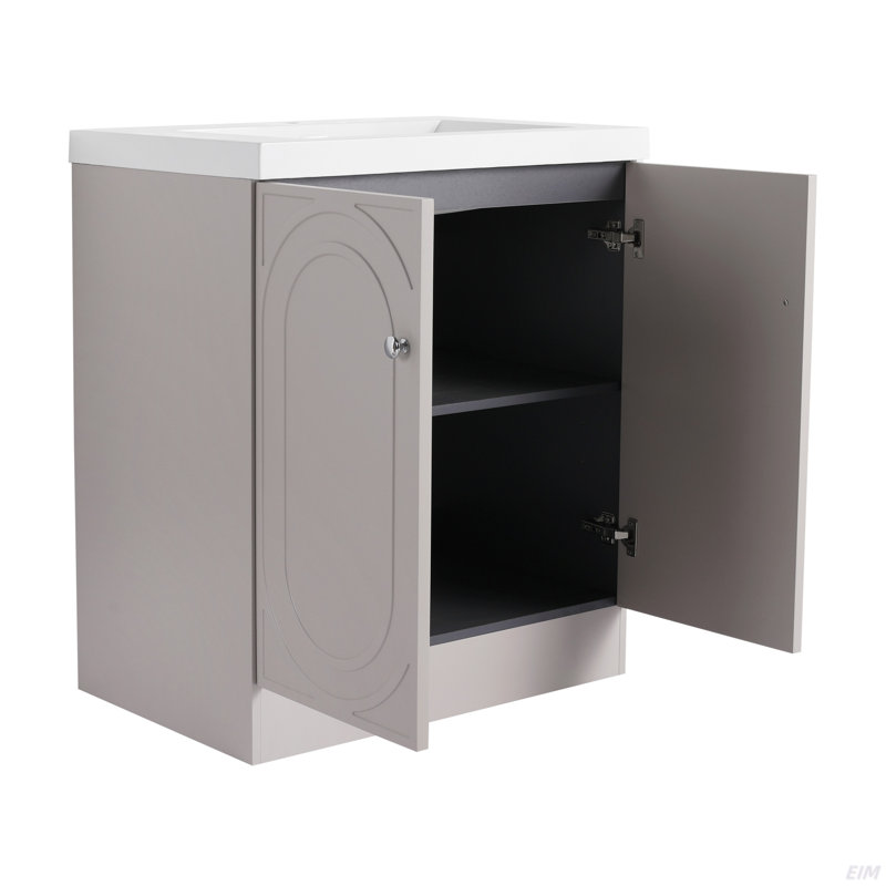 Meuble-lavabo autoportant avec lavabo en résine blanche et 2 portes d'armoire à fermeture en douceur (emballage KD), Kaki