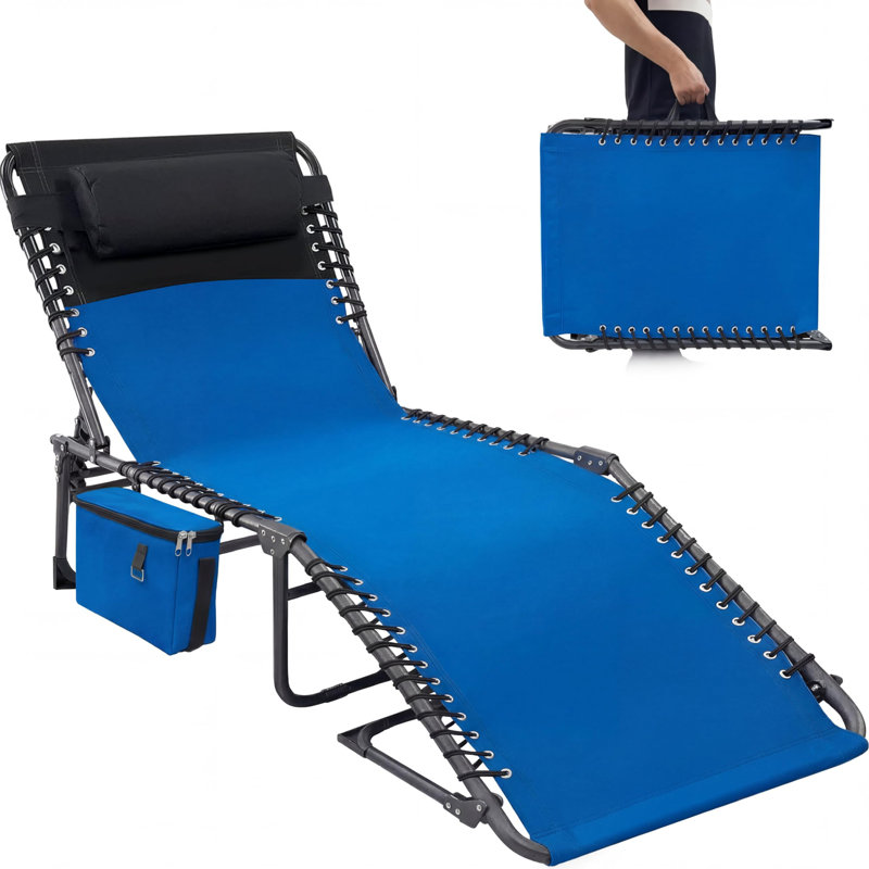 5-Position Adjustable Outdoor Chaise Lounge Chair, Folding Sun Tanning Cot with Removable Pillow, Gray