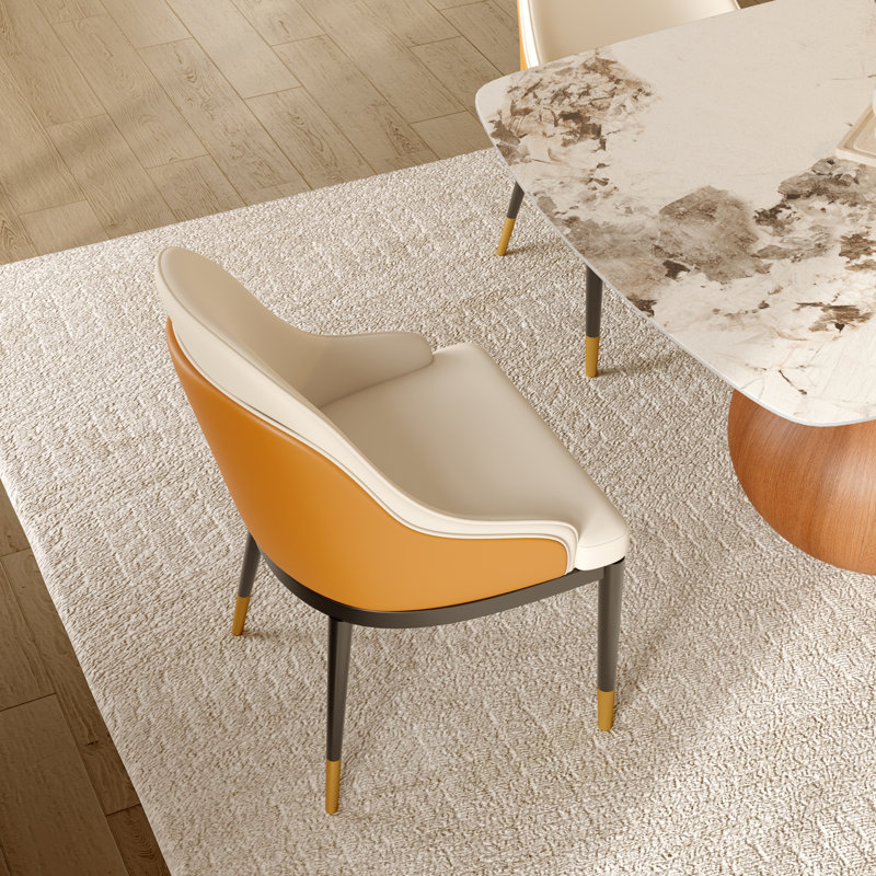 Grande table de salle à manger, 9 pièces : table, 8 chaises, Dessus ambré / base brune / chaises orange