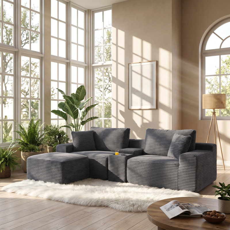 Canapé-lit modulaire 4 places en velours côtelé avec rangement, porte-gobelets et ports USB Aijia Modern l 111 po x P 63,41 po x H 35,4 po
