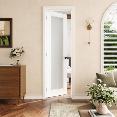 24" x 80" 1-Lite Frosted Glass Interior Prehung Door with Black Hinges, Privacy Glass Door Slab with Frame, Interior Door as Pantry Door, Bedroom Door, Laundry Door, Closet Doors, Room Doors, Left Hand