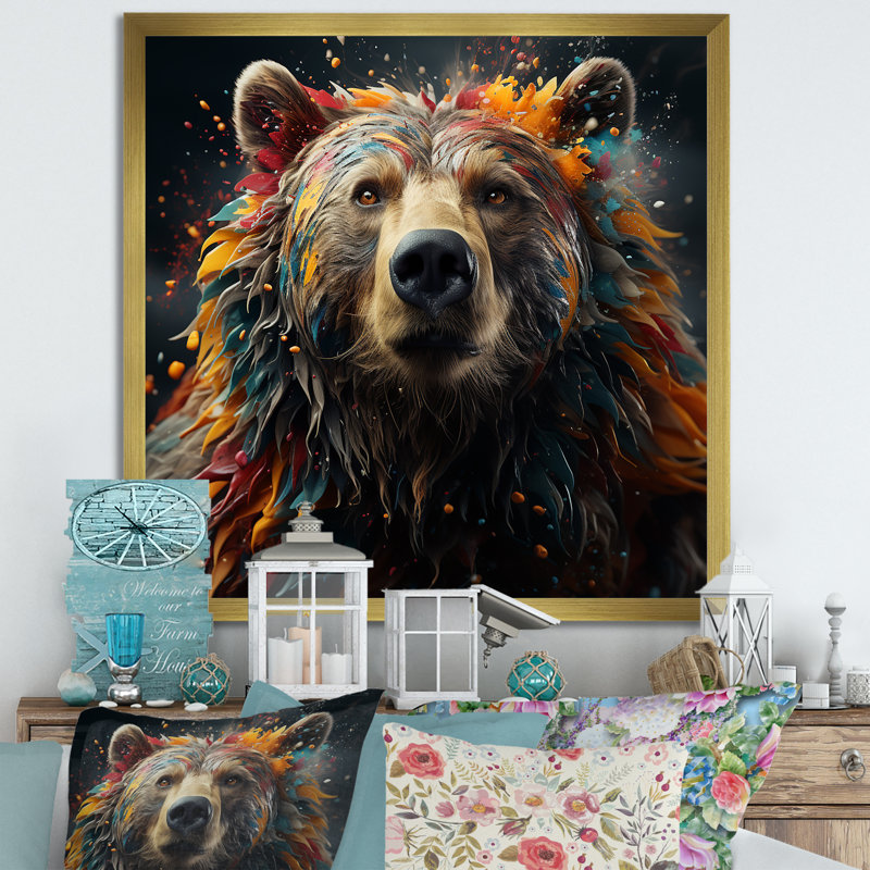 «Multicolor Grizzly Bear Grace», art mural sur toile, H 24 po x l 24 po x P 1 po, Cadre doré simple