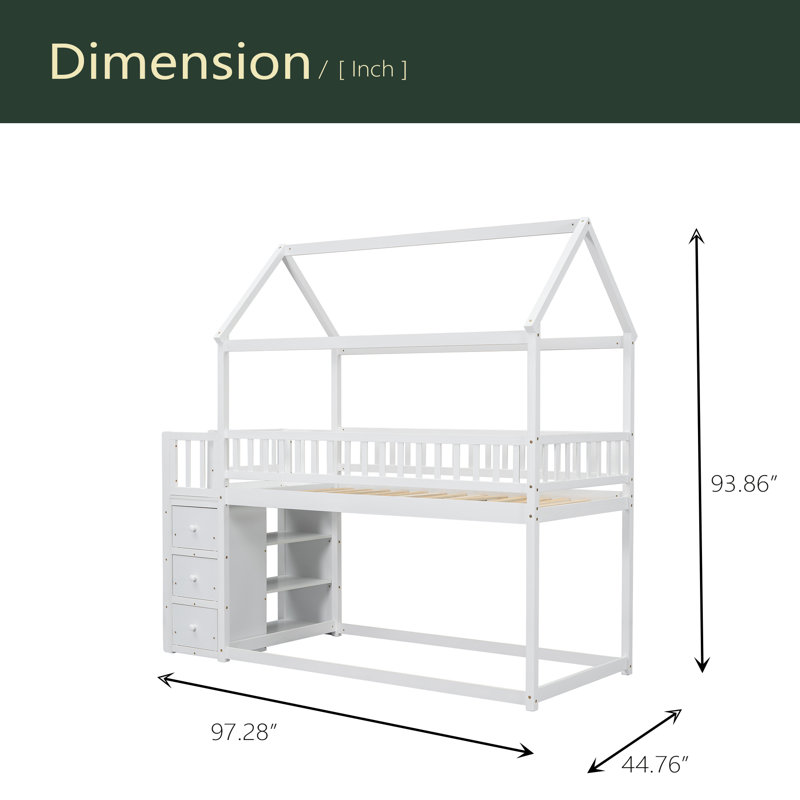 TWIN/TWIN HOUSE BUNK BED WITH SHELVES AND DRAWERS, White