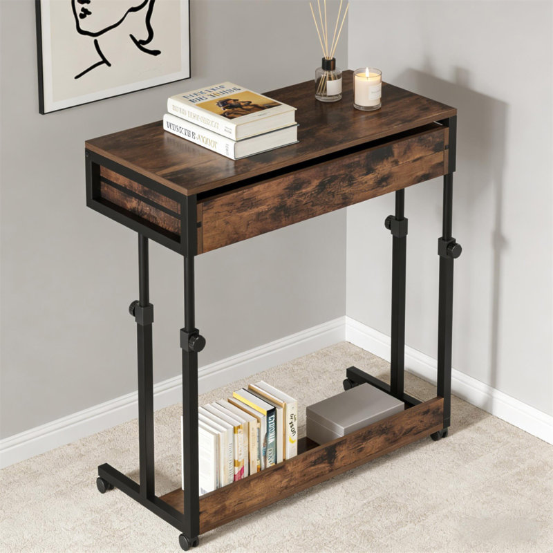 Table de bureau, bureau compact avec roues, bureau d'écriture à hauteur réglable, table basse mobile