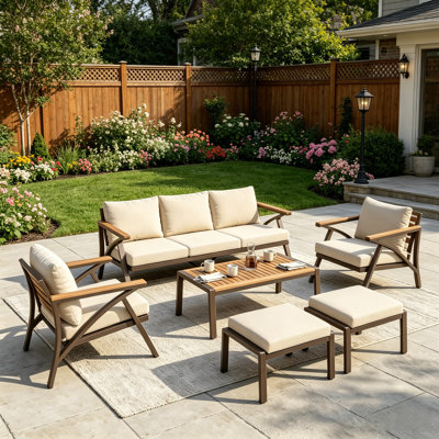 Outdoor Acacia Wood Furniture Sofa, 7 - Person Seating Group With Cushions, 6 Piece Conversation Sets With Removable Cushion