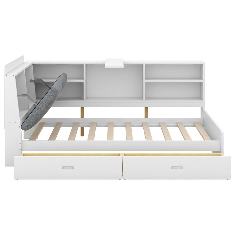 Lit plateforme simple blanc avec rangement pour tête de lit solide, 2 tiroirs et tablettes pour tête de lit en bois Grace