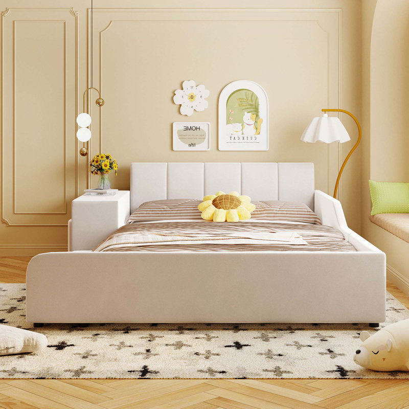 Upholstered Grounded Bed,Mother & Child Bed With Bedside Desk And Little Round Stool, Full, Beige