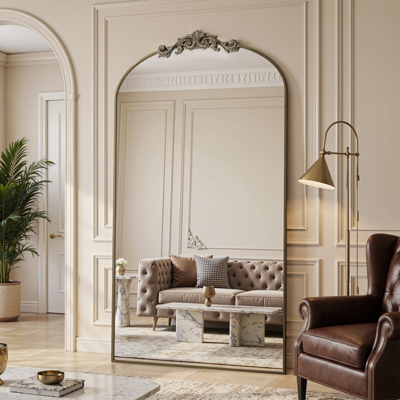 Miroir arqué rétro pleine longueur avec miroirs de plancher sculptés et surdimensionnés pour HomeDecor, 72 po x 44 po, Bronze