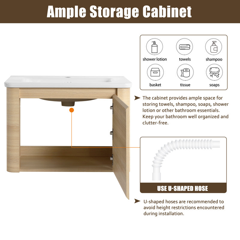Ensemble de meuble-lavabo simple 28 po avec plateau en céramique Walden, Chêne blanc, 28"