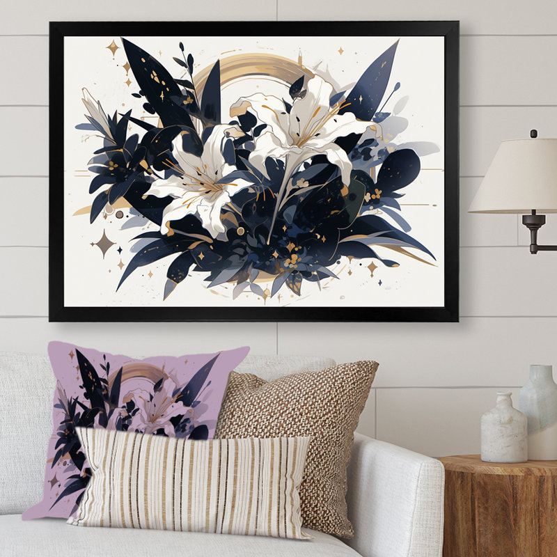 Décoration murale lis blanc et bleu - lis, Cadre simple noir, H 16 po x l 32 po x P 1 po