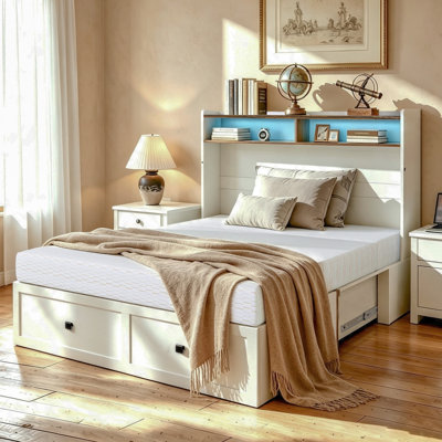 Lit escamotable Queen blanc avec tiroirs et étagères de rangement, chargement USB/Type-C, lumières DEL RVB, lit mural anti-basculement pour petits espaces