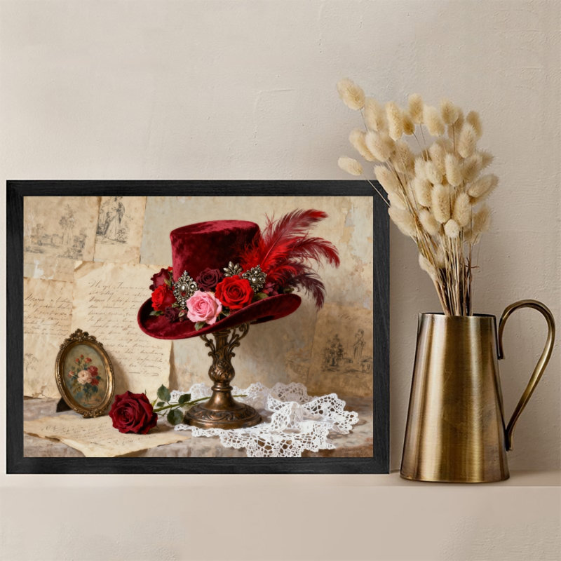 Art encadré noir rétro avec chapeau rose rouge, impressions de style rétro, H 9 po x l 11 po