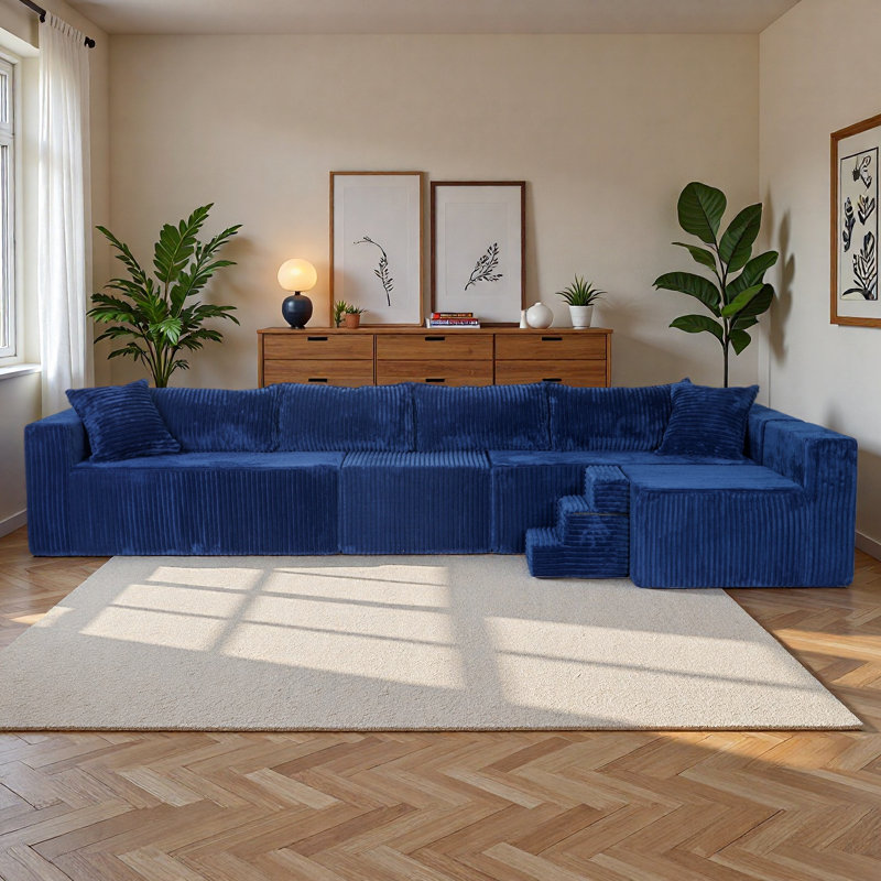  128" Boneless Sofa U-Shaped Modular sectional Couch, 27.6" Deep Seat Oversized Couches for Living Room, Blue Corduroy, Yes