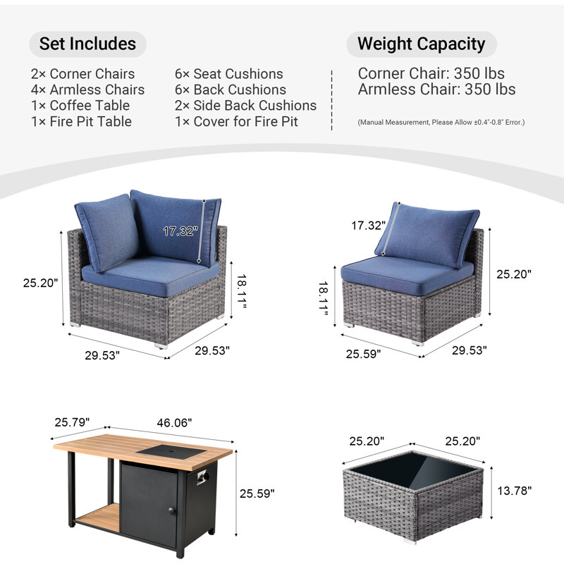 Ensemble de conversation modulaire avec coussins 8 pièces Wyckhoffe, Bleu clair