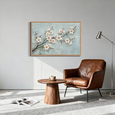 «White Magnolia Branches on Teal», art texturé sur toile