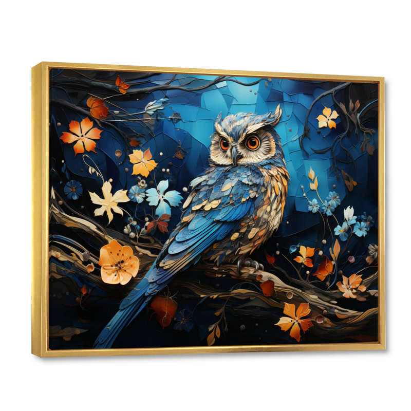 «Blue Owl Nights Watch Collage II», reproduction sur toile, H 34 po x l 44 po x P 1,5 po, Cadre flottant doré