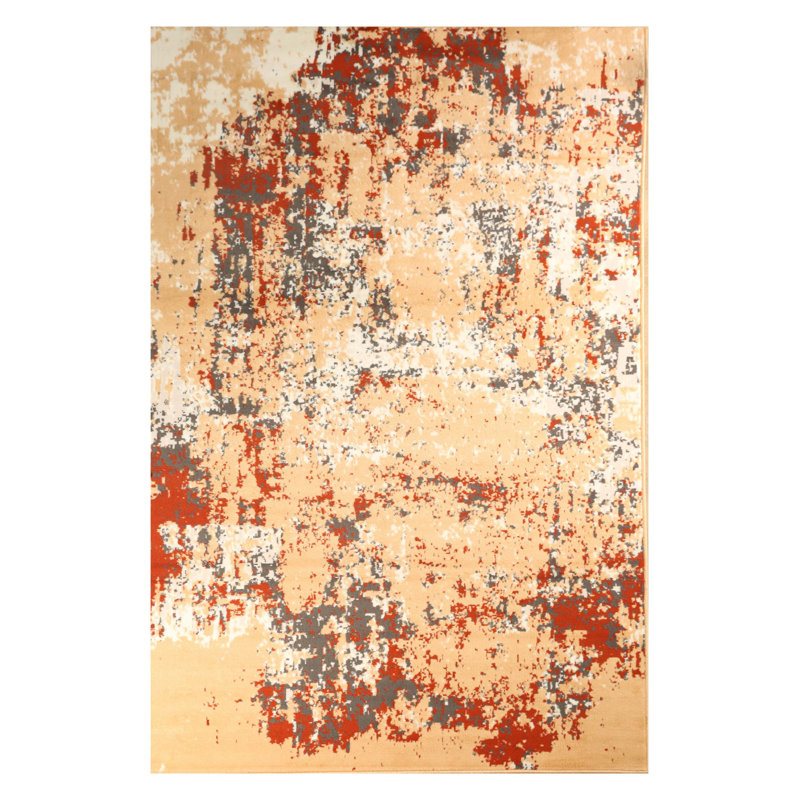 Tapis abstrait beige / gris / rouge, Rectangle 3 pi 6 po x 5 pi 6 po