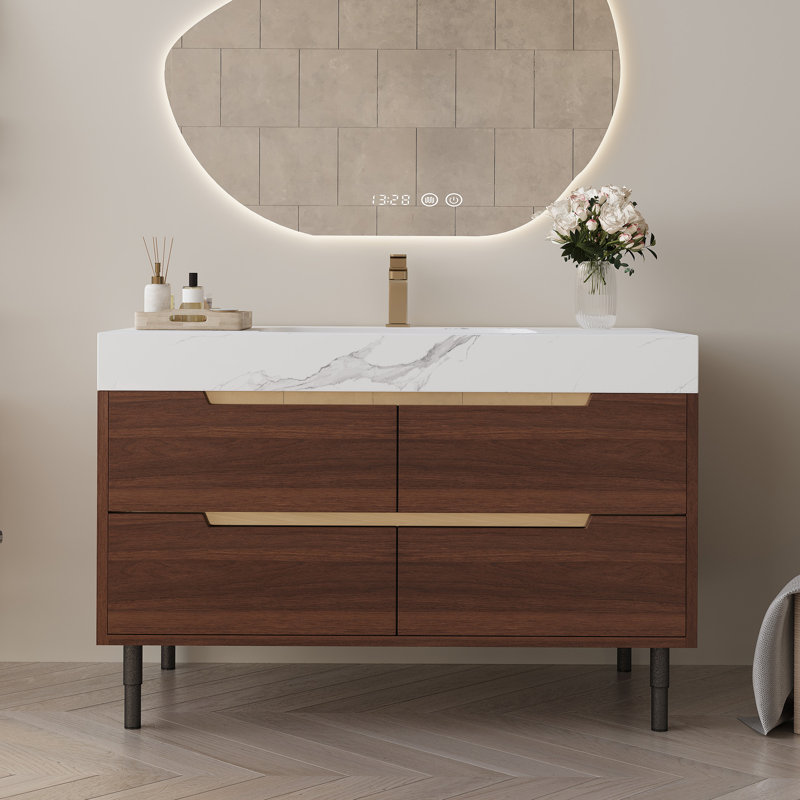Meuble-lavabo moderne en pierre frittée 35,4 po Lioren avec tiroirs à fermeture en douceur et bois imperméable, Noyer
