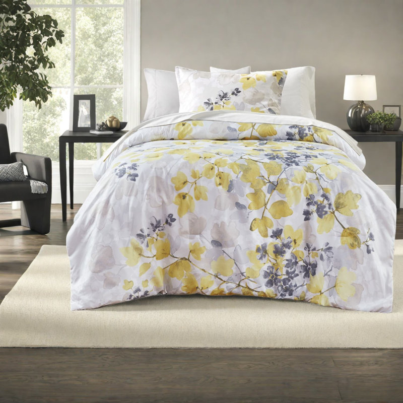 Ensemble de literie botanique jaune moderne avec poches de rangement, grand lit, polyester ultra doux