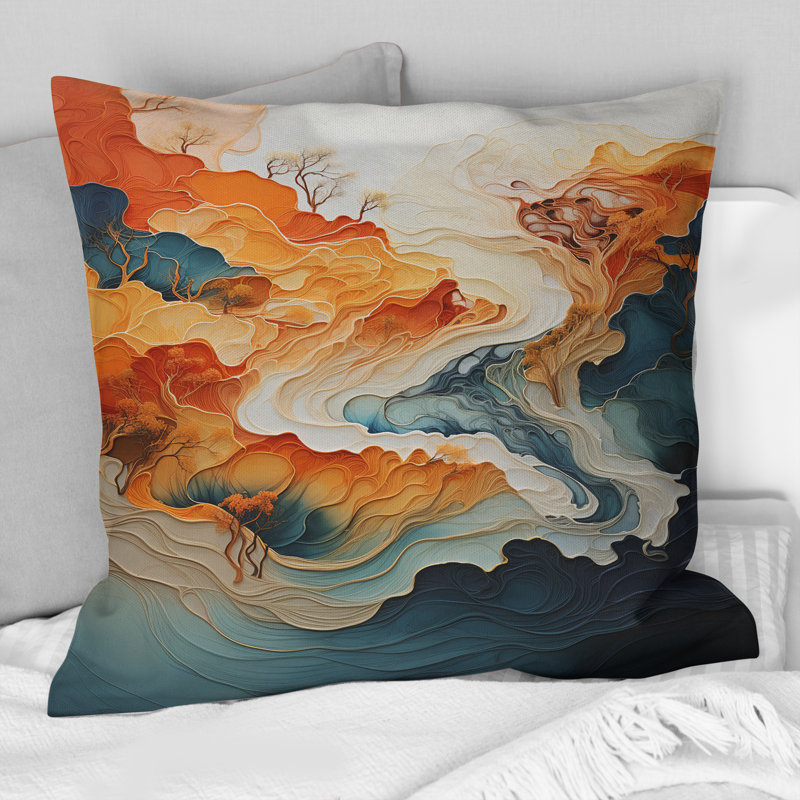 Coussin décoratif abstrait à imprimé abstrait orange et bleu River I, 18" x 18"