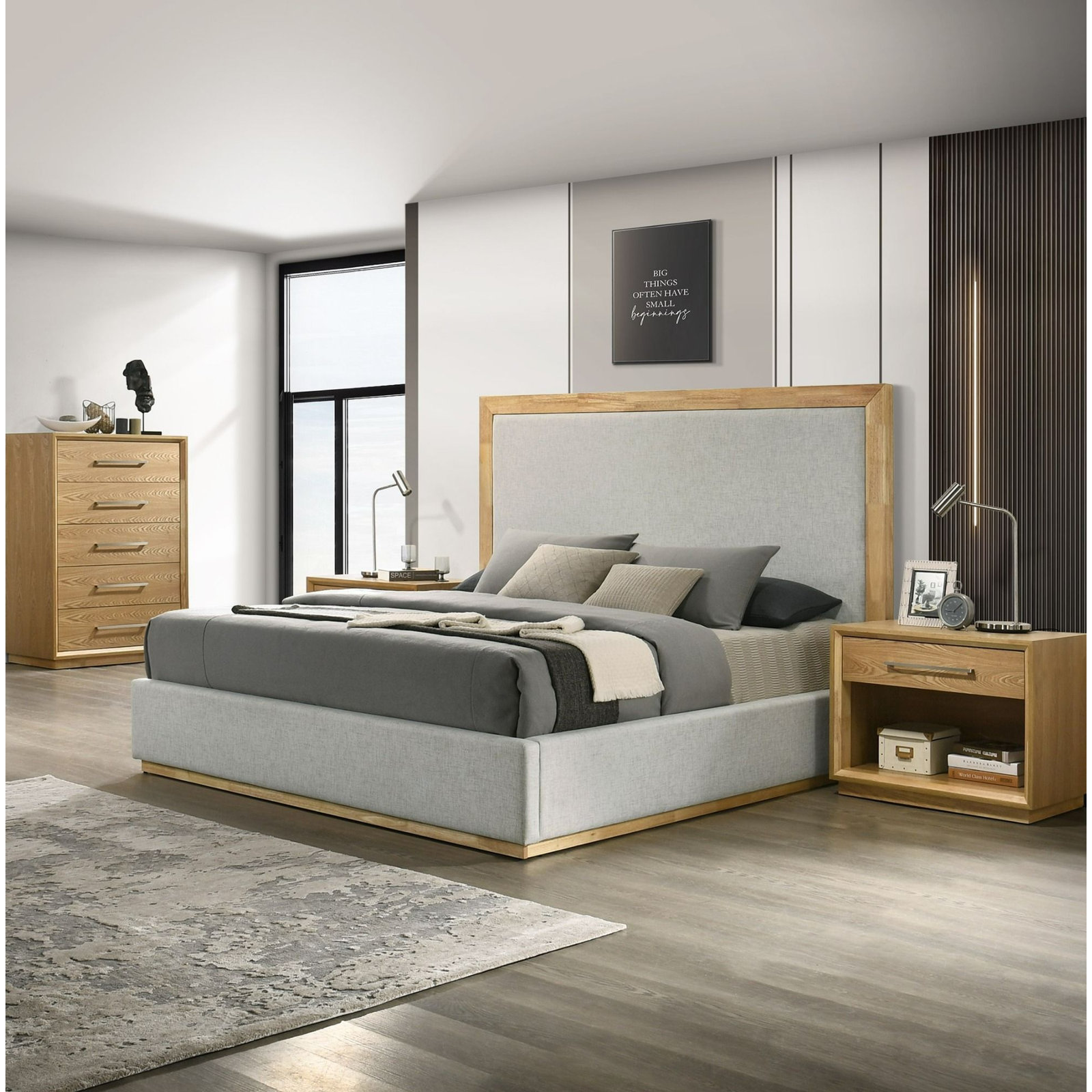 Reanna Upholstered Bed, King, Natural Wood/Gray