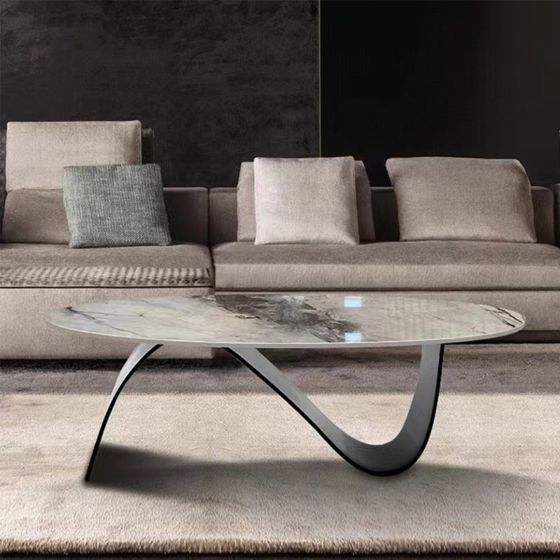 Simple stainless steel oval rock table, 16.5" H x 55.1" L x 31.5" W