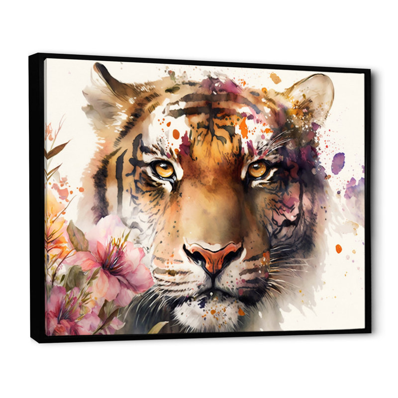 Portrait de tigre avec fleurs I - reproduction sur toile, H 30 po x l 40 po x P 1,5 po, Toile avec cadre flottant noir