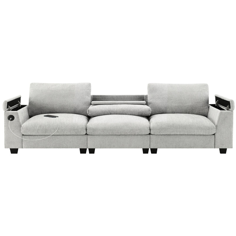 Élégant canapé en chenille avec porte-gobelets, rangement pour accoudoirs et table modulaire 96 po