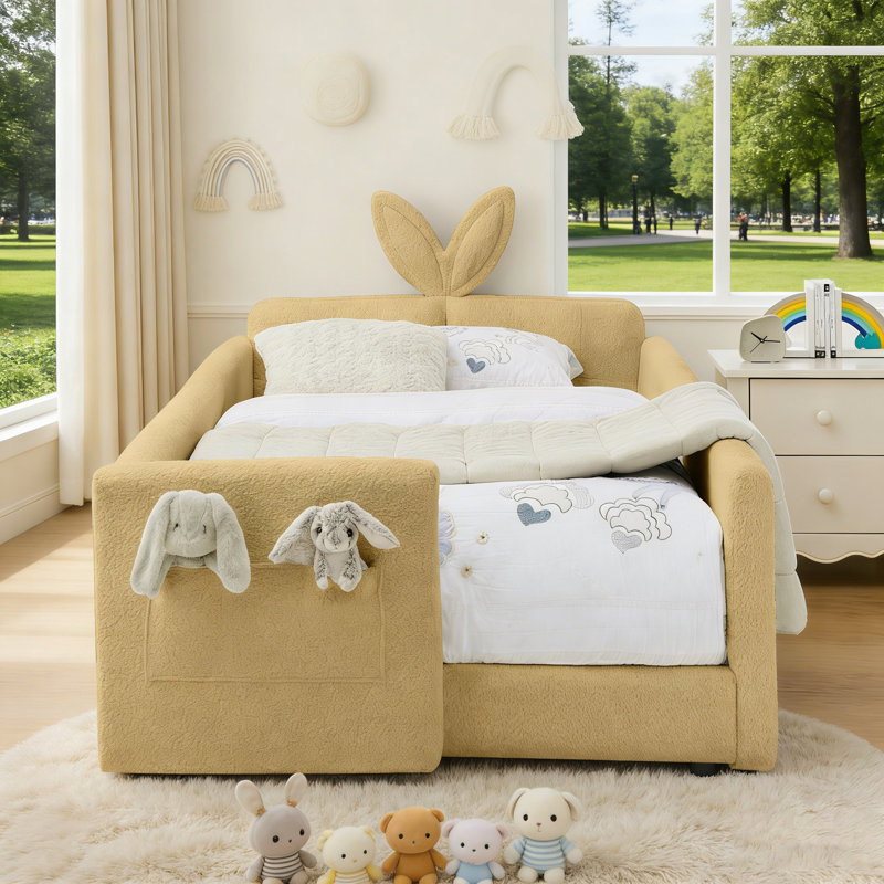 Upholstered Platform Bed With Cute Rabbit Ear Shaped Headboard, Safety Rail, And Pocket, Boucle Fabric, Yellow