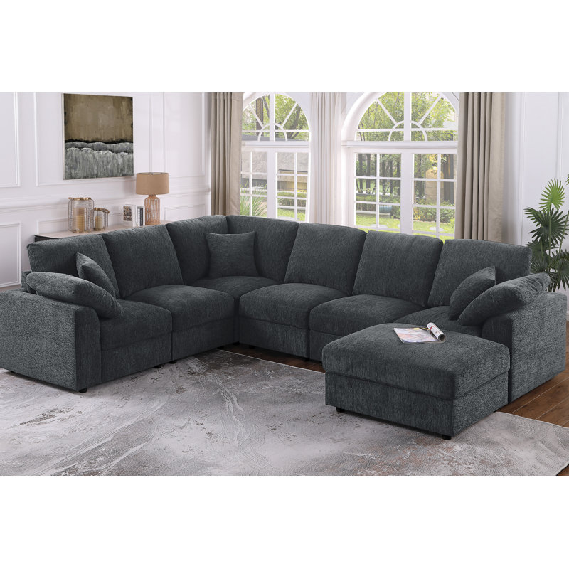 Canapé modulaire 7 pièces d'angle rembourré, Chenille grise foncée