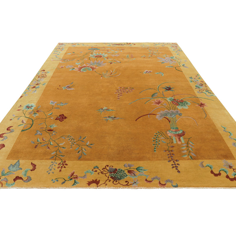 Art Deco Hand Knotted Wool Floral Area Rug, Rectangle 8' x 10'