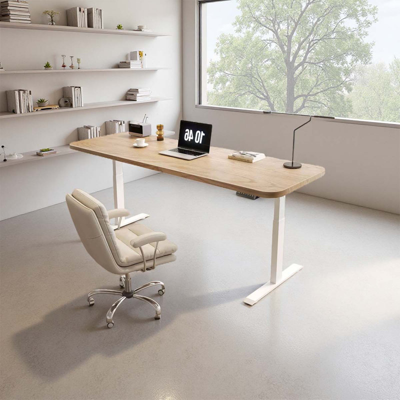 A long solid wood height-adjustable office desk, 24.8" H x 70.87" W x 27.56" D