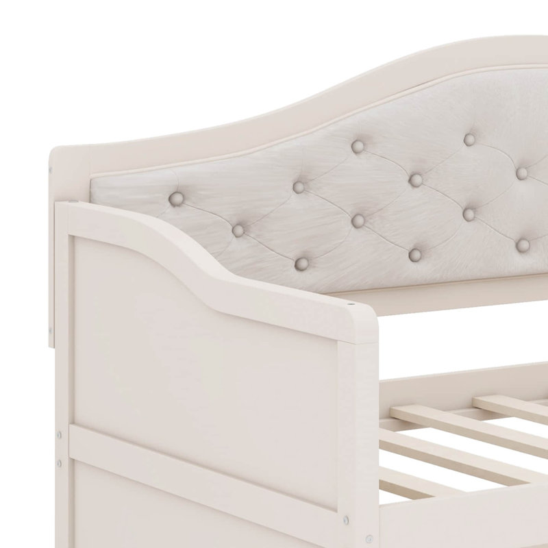 Twin Daybed With Pull-Out Trundle, Daybed With 2 Built-In Storage Drawers, Wooden Sofa Bed With Upholstered Button-Tufted Back For Living Room