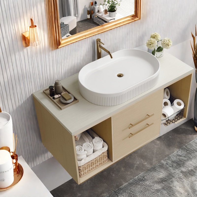 Meuble-lavabo moderne avec rangement, armoire en bois et lavabo en céramique