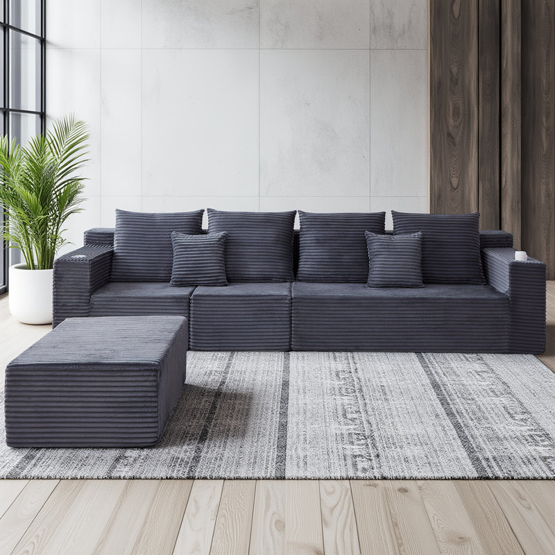 Boneless 137" Cloud Sectional Couch Boneless Sofa in a Box, Foam Floor Modular Sofa w/Deep Seat, Fluffy Corduroy Upholstered Couch with Movable Ottoman
