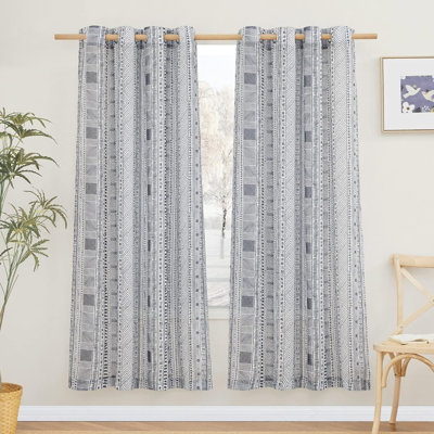  Boho Curtains for Living Room Flax Linen Sheer, Farmhouse Semi Sheer Curtains with Bohemian Stripe Pattern, Privacy Light Filtering Drapes for Bedroom/Dining Room, 1 Pair