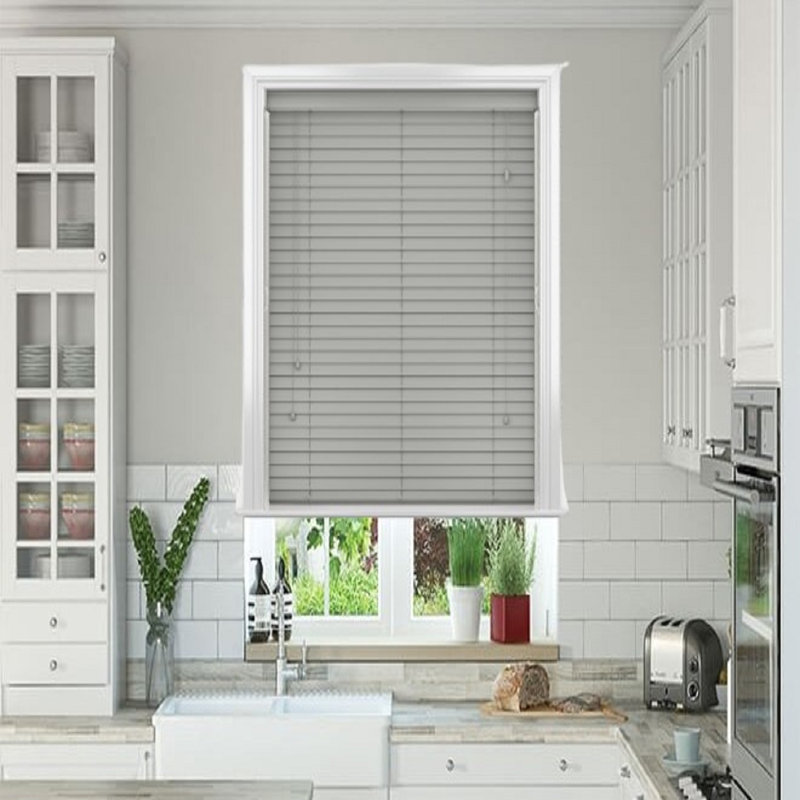 Modern PVC Faux Wood Venetian Window Blinds Moisture Resistant Corded Shades for Living Room Bedroom Kitchen, Grey