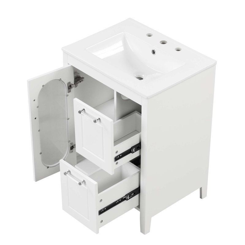 Meuble-lavabo 24 po avec lavabo, meuble-lavabo avec deux tiroirs et porte, tablette réglable, bois massif et panneau de fibres à densité moyenne