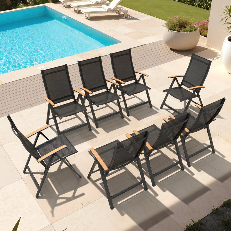 Folding Adjustable Aluminum Outdoor Armchair, 8 Chairs, Black
