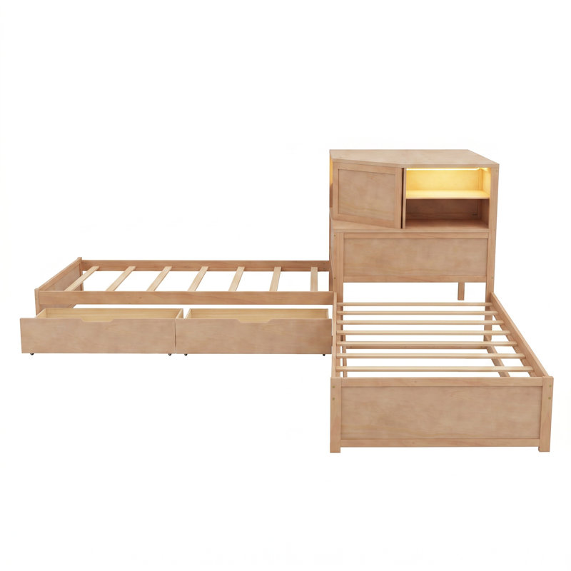Structure de lit simple en forme de L avec lit gigogne, armoire et tiroirs, lit plateforme en coin 3-en-1 avec bureau encastré et luminaire à DEL, bois de pin + cadre en contreplaqué