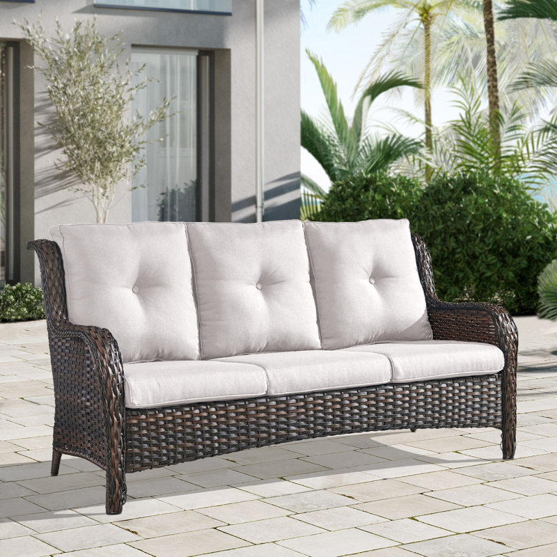 Bonia 72.44'' Wide Straight Patio Sofa with Cushions, Beige, Brown