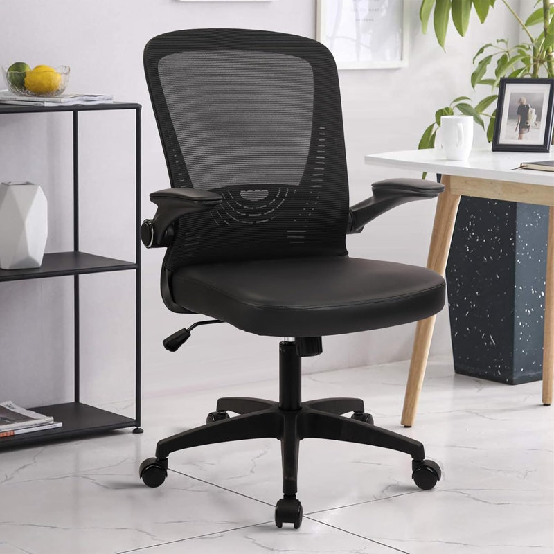  Desk Chairs with PU Leather Seat, Flip Up Arms Ergonomic Mesh Back Office Chair with Lumbar Support, Adjustable Height Swivel Rolling Computer Chairs for Home School Conference Study, Black