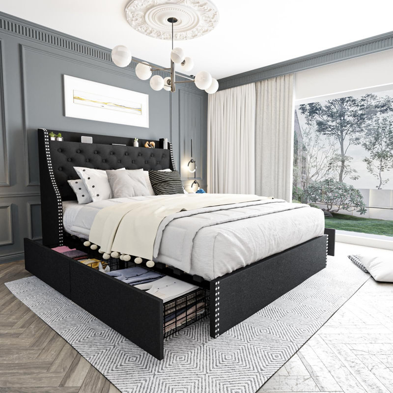 Bed With 4 Storage Drawers And Headboard, Full, Black