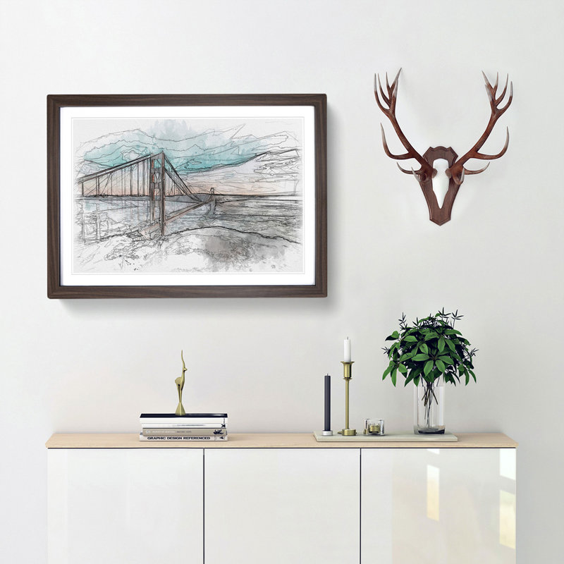 The Golden Gate Bridge in San Francisco Bay Sketch - Picture Frame Graphic Art Print, Walnut Framed, 62cm H x 87cm W x 2cm D