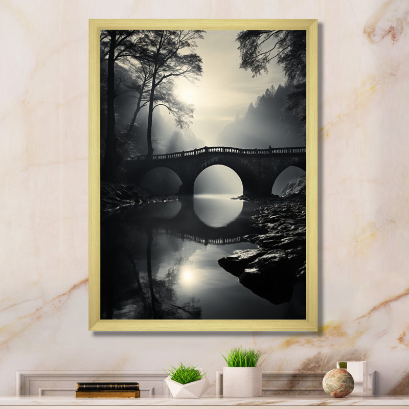 Pont de la sérénité Souali Gray, H 20 po x l 12 po x P 1 po, Encadrement doré