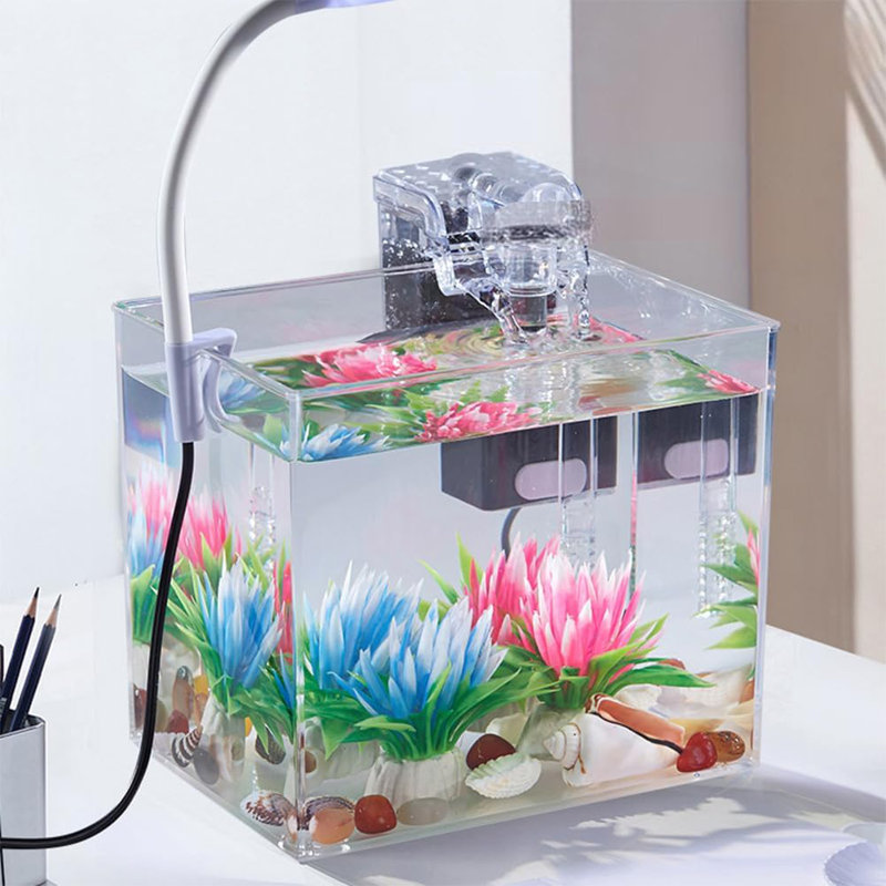 Fish Tank Starter Kits, Fish Aquarium with LED Light & External Filter, Compact Silent Goldfish Tank, All-in-One Filtration Clear Desktop Fish Tank Home Decor for Aquascape DIY Small Betta Fish Shrimp