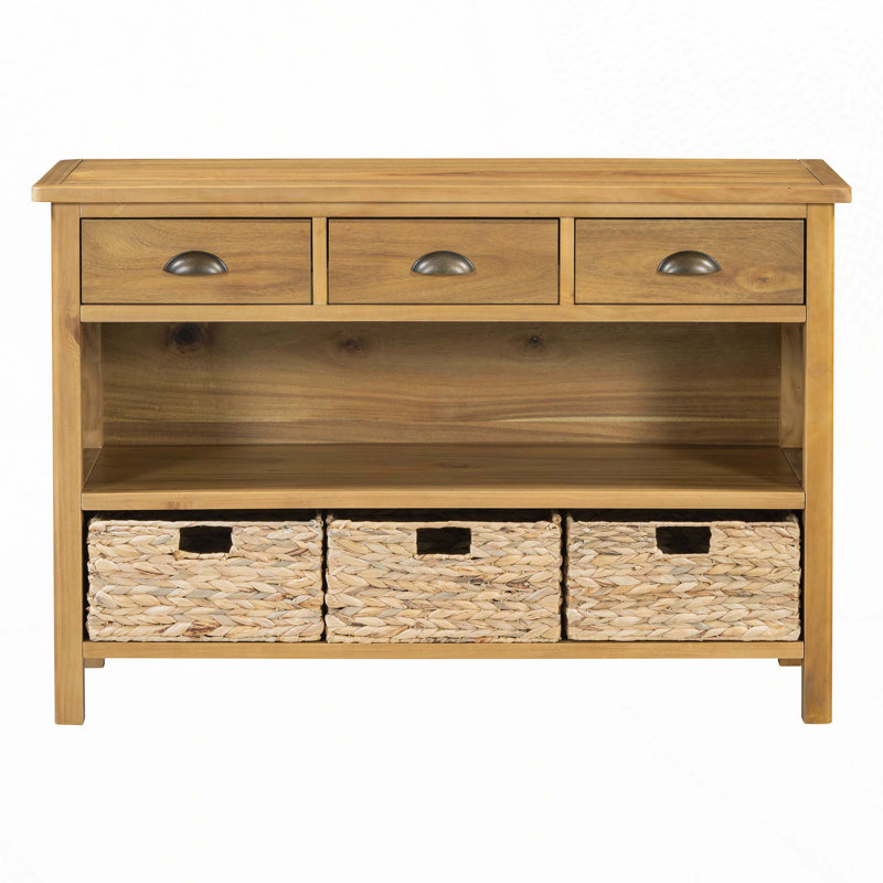 Retro Console Table with 3 Storage Drawers, Entryway Table with 3 Water Hyacinth Woven Baskets, Natural
