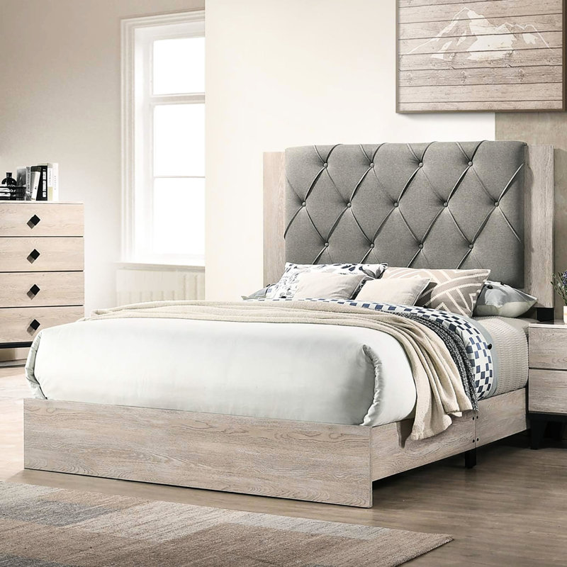 Contemporary Rubberwood Queen Bed, Gray Headboard, Cream Decor Bedroom And Theme,, Cream/Gray