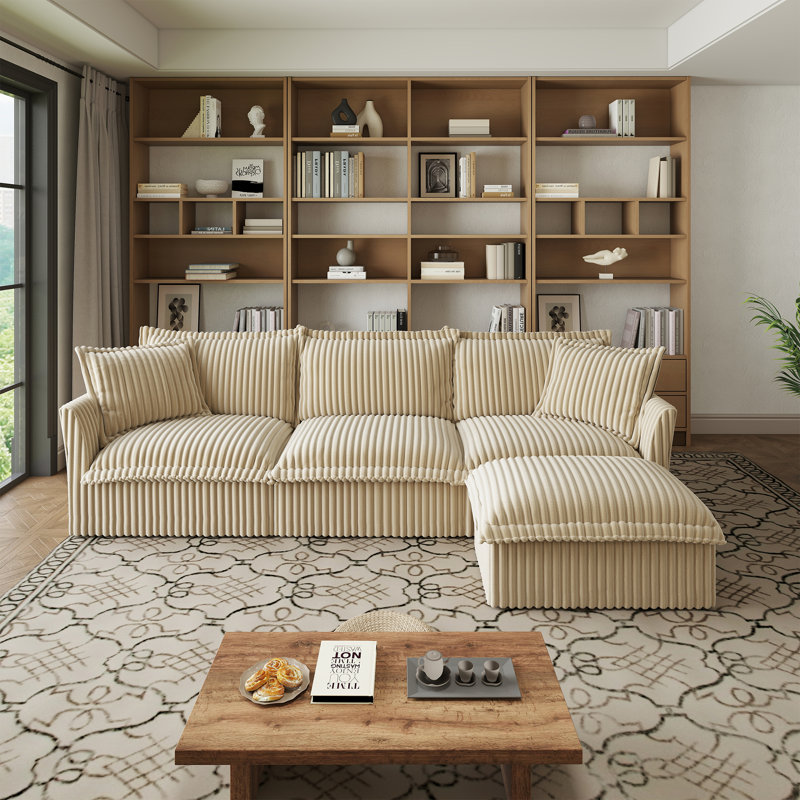 L-Shaped Slipcovered Sectional Sofa Couch, Comfy Deep Seat Cloud Couch With Convertible Ottoman & Big Pillows, Modern Oversized Slipcovered Sofa Set For Living Room Office, Corduroy